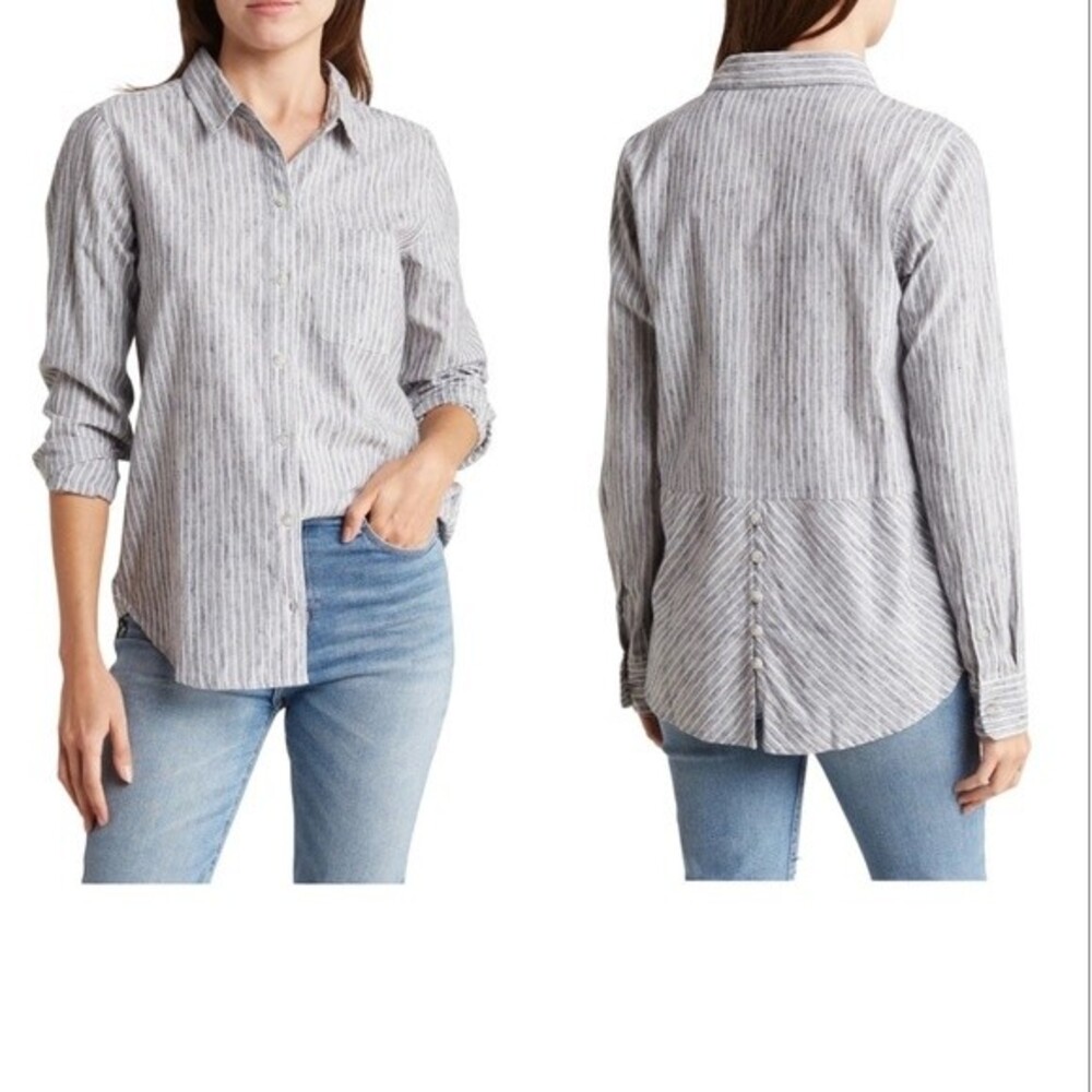 Lucky Brand Striped Button Up Tunic Shirt Long Sleeve Cotton Chest Pocket